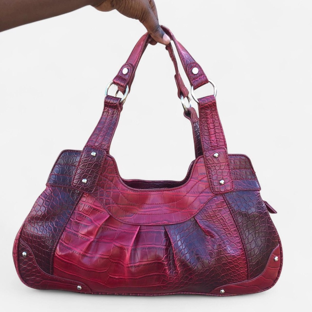 VTG Y2K Whimsygoth Mcbling Red Croc Leather Pleated Shoulder Hand Bag Purse Hobo